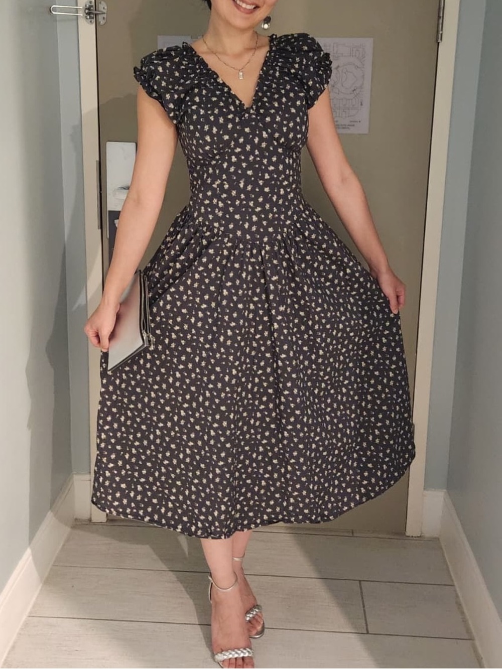 Grey Floral V-Neck Midi Dress